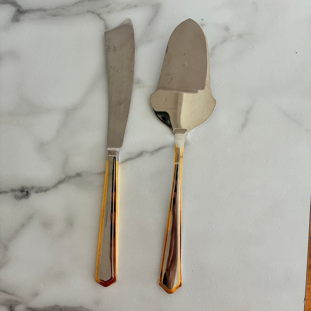 Vtg Gottinghen 18/10 Stainless Steel Cake Server Knife Set 24K Gold Italy